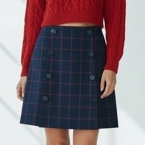 Navy Red Plaid Double Button A Line Mini Skirt Size 12 LOFT Outlet Career Gift